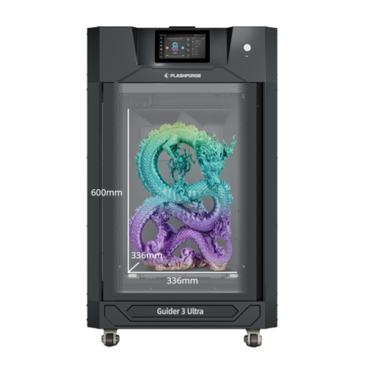 Flashforge Guider 3 Ultra 3D printer with detailed dragon model showcasing high precision and large build volume.