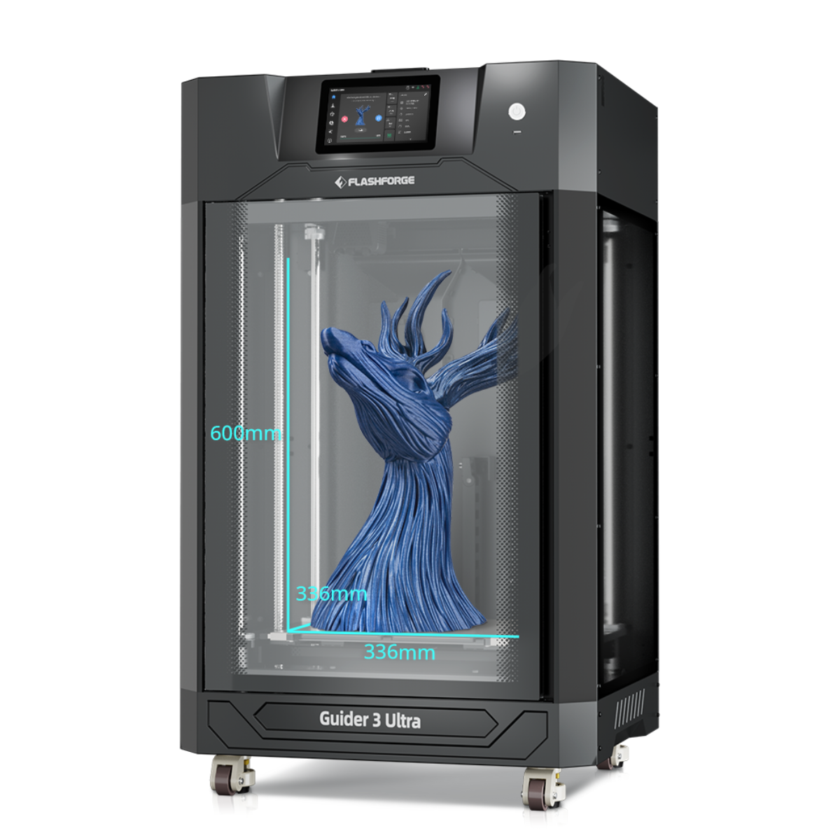 Flashforge Guider 3 Ultra 3D printer, side view with deer head model, showcasing precise details and advanced 3D printing capabilities.