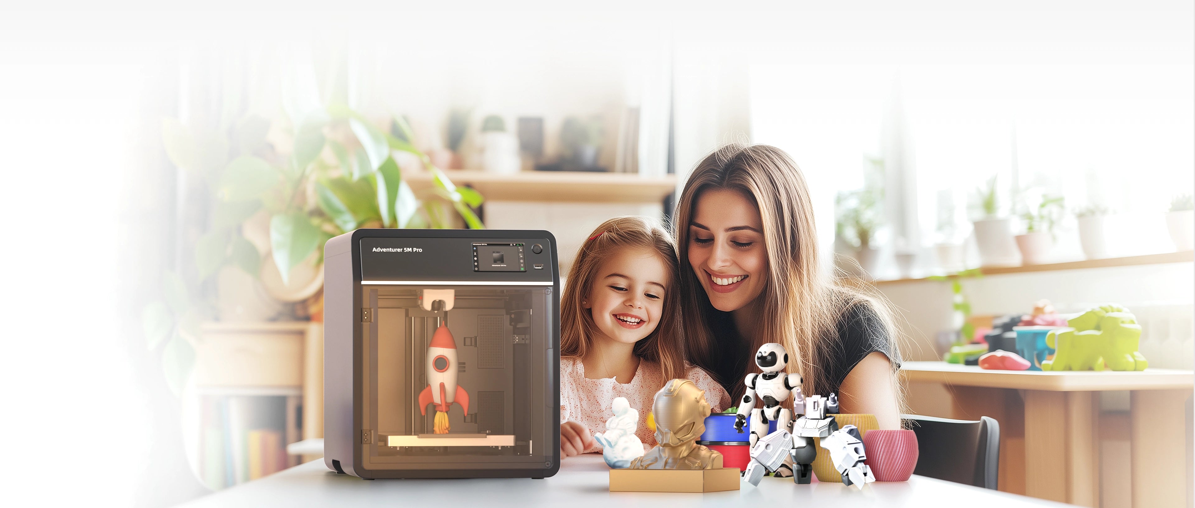 Flashforge Adventurer 5M Pro with fully enclosed design and HEPA filter for safe, low-emission 3D printing at home or in classrooms.