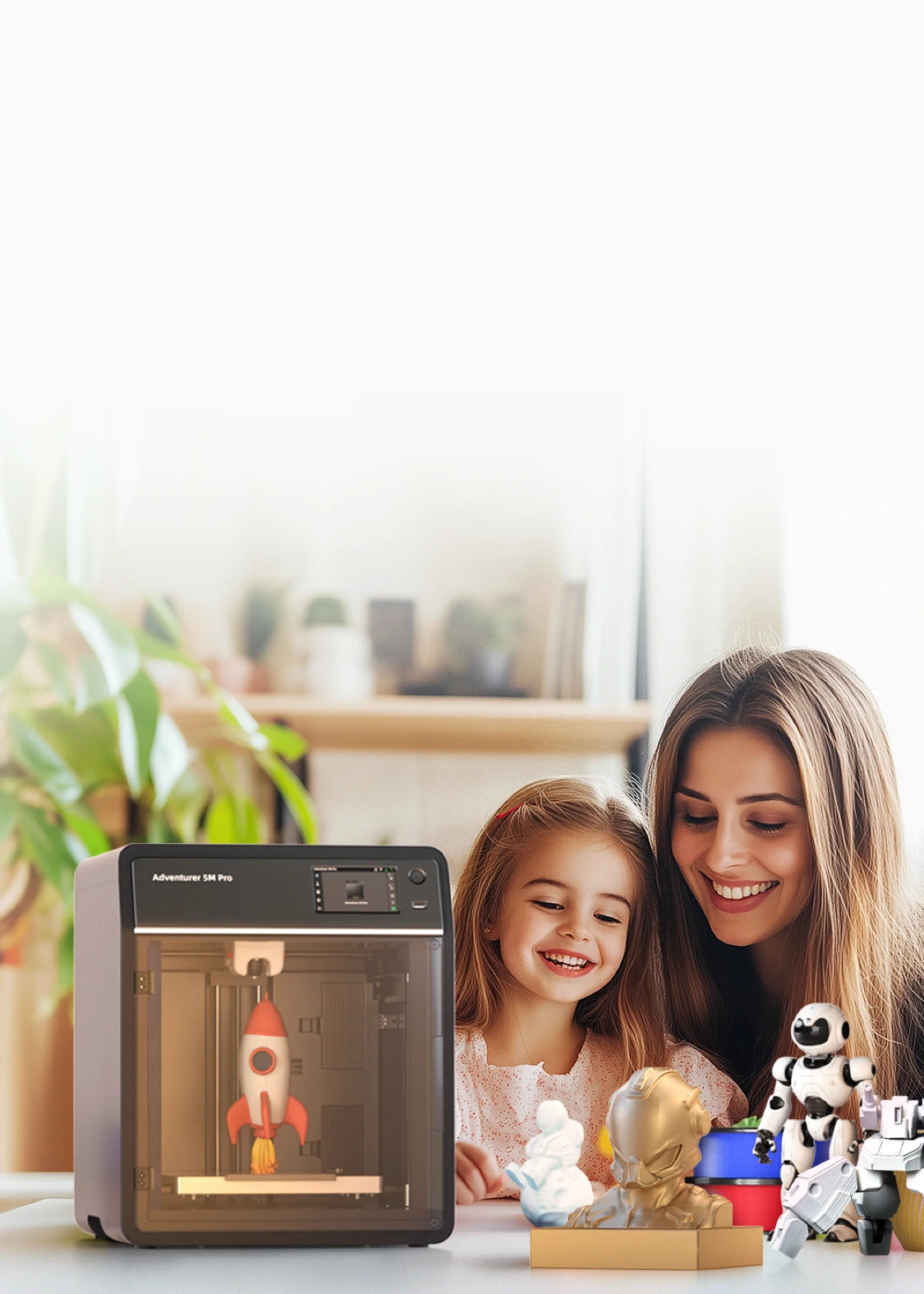 Flashforge Adventurer 5M Pro with fully enclosed design and HEPA filter for safe, low-emission 3D printing at home or in classrooms.