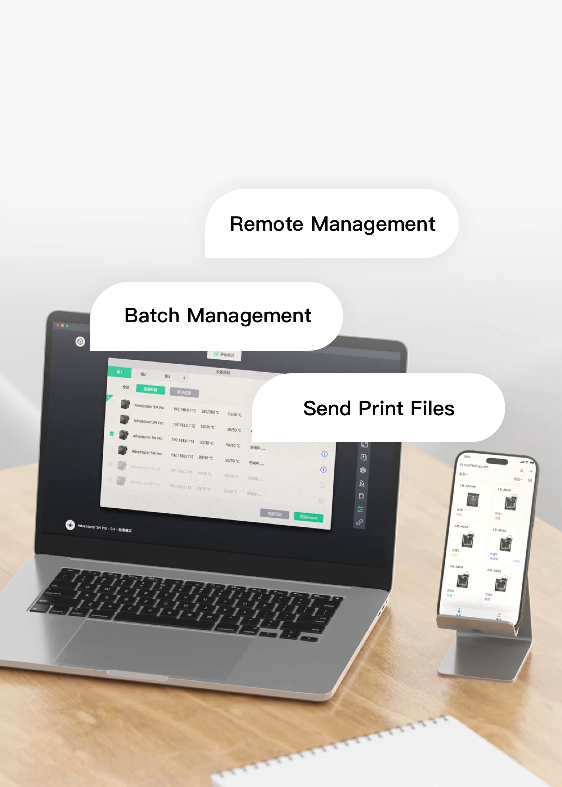 Flashforge Adventurer 5M Pro with one app for complete control over remote management, batch management and sending print file.
