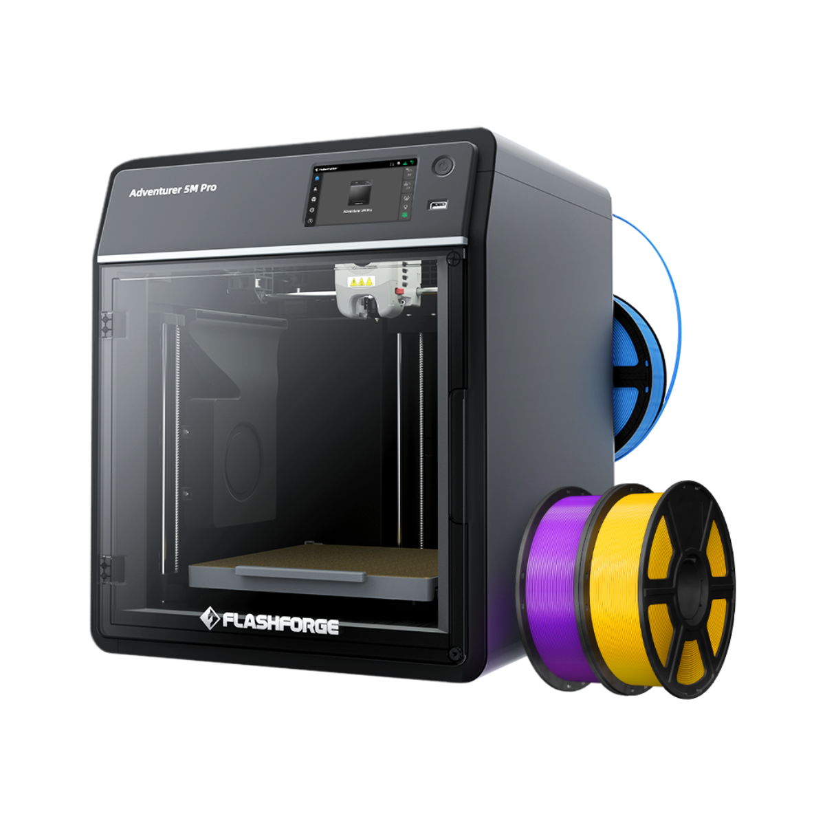 Slight left side view of Adventurer 5M Pro with filament beside