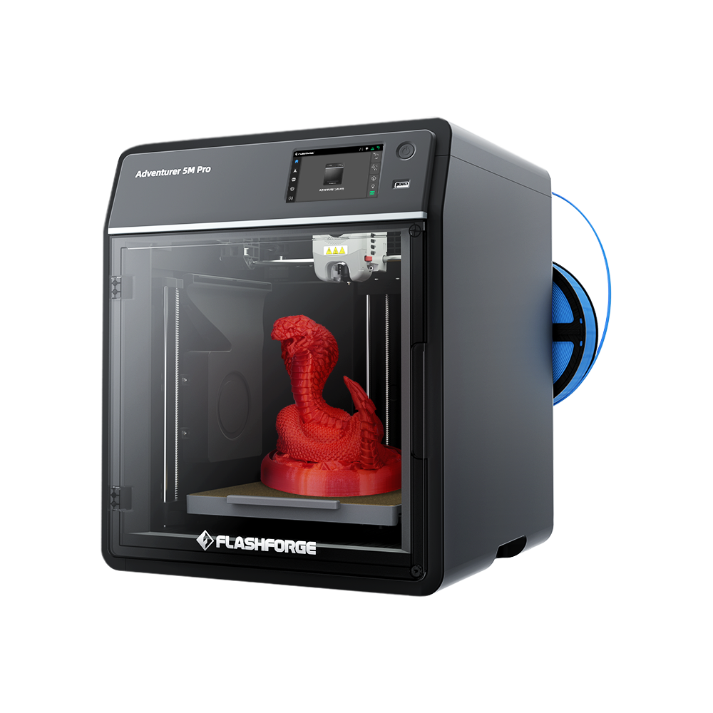 Slight right side view of Adventurer 5M Pro with red snake model inside