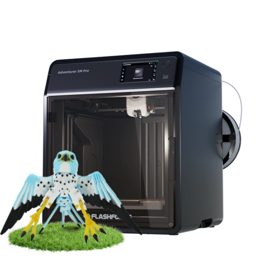Flashforge Adventurer 5M Pro 3D printer with a 3D-printed bird model beside it.