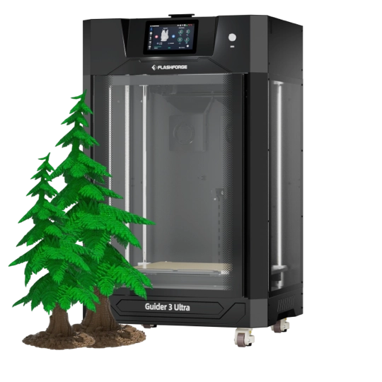 Flashforge Guider 3 Ultra 3D printer with a 3D-printed tree model beside it.