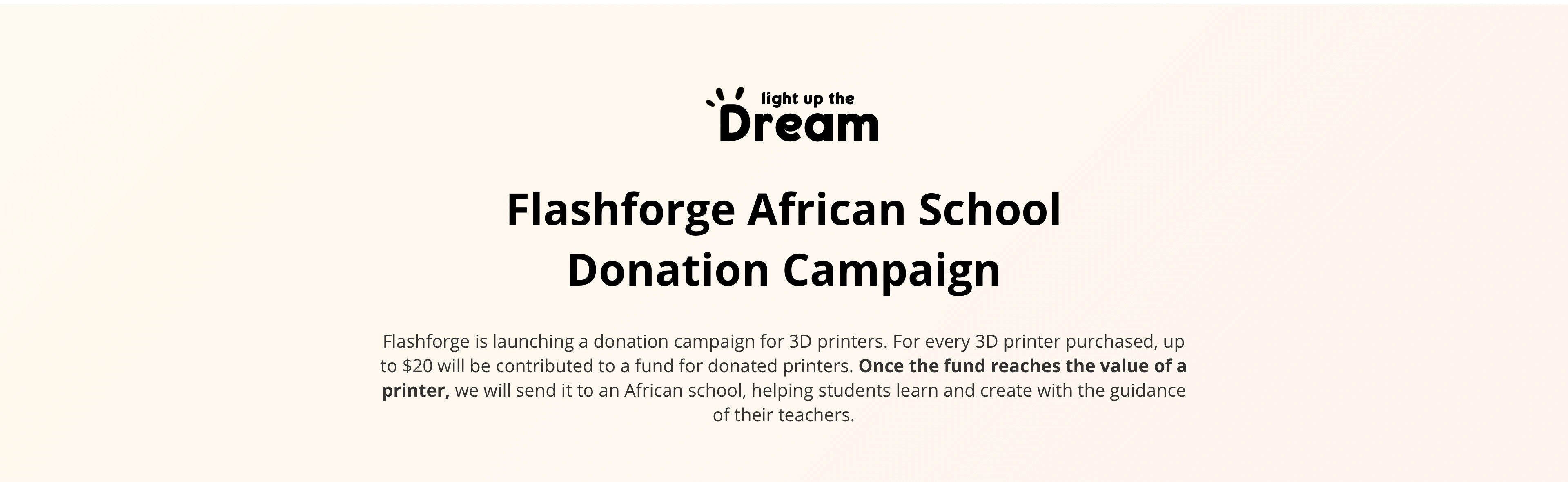Flashforge African School Donation Campaign contributing funds from 3D printer sales to provide printers for African schools, supporting education and creativity."