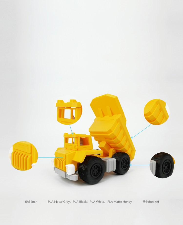 Flashforge 3D printed toy truck model by AD5M showcasing detailed parts and precision, CA site