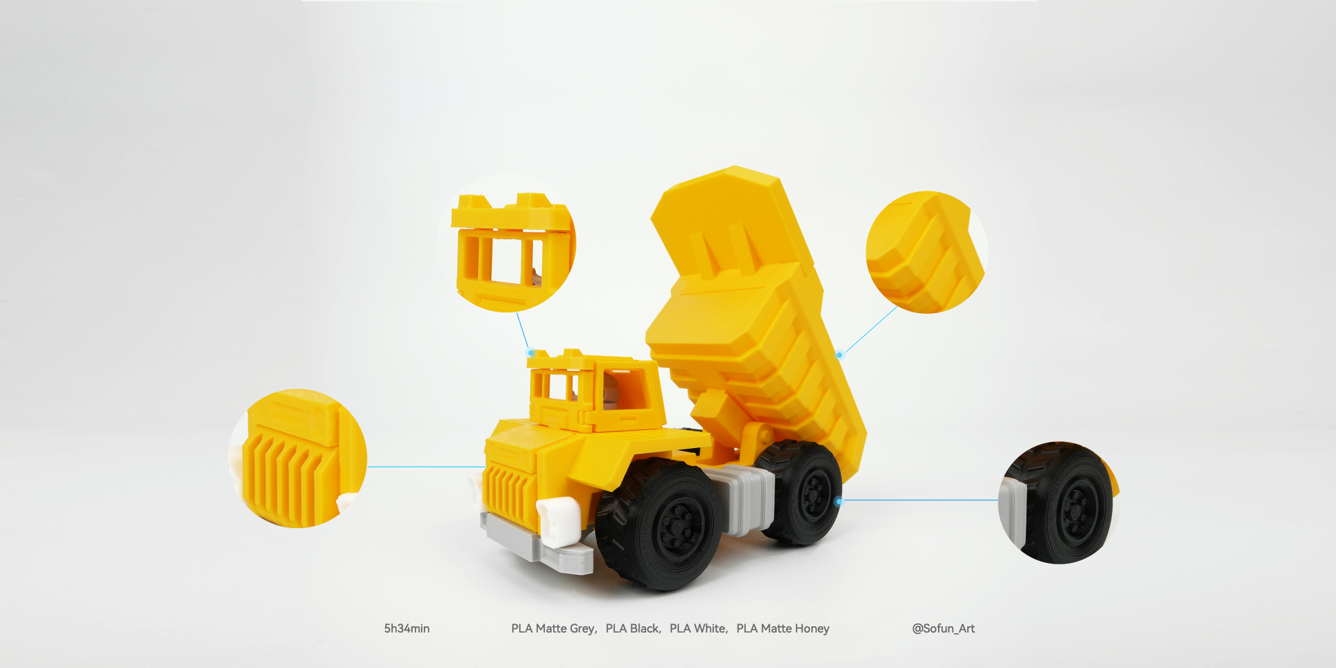 Flashforge 3D printed toy truck model by AD5M showcasing detailed parts and precision, CA site