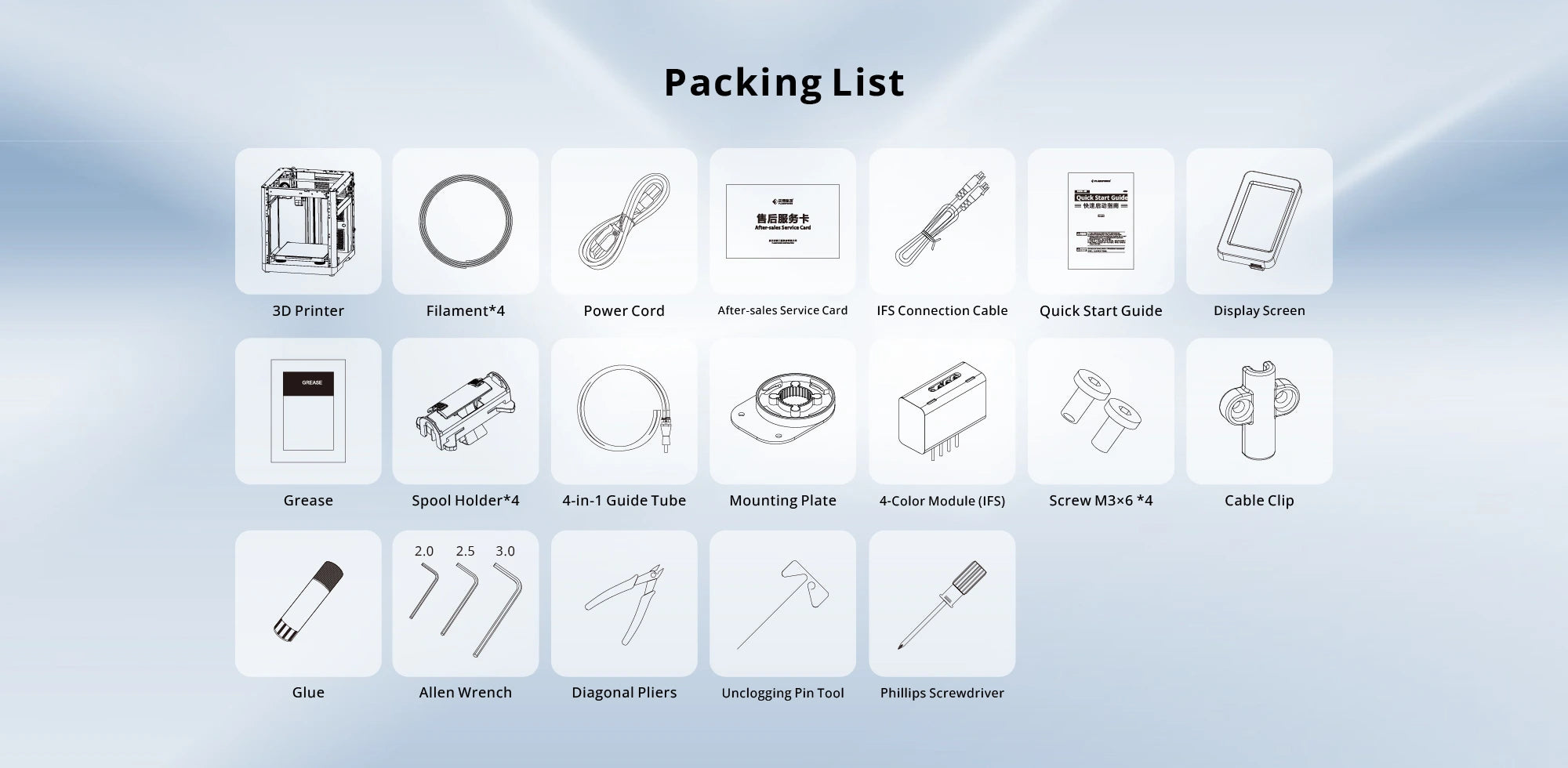 AD5X Package contents of Flashforge AD5MP 3D Printer