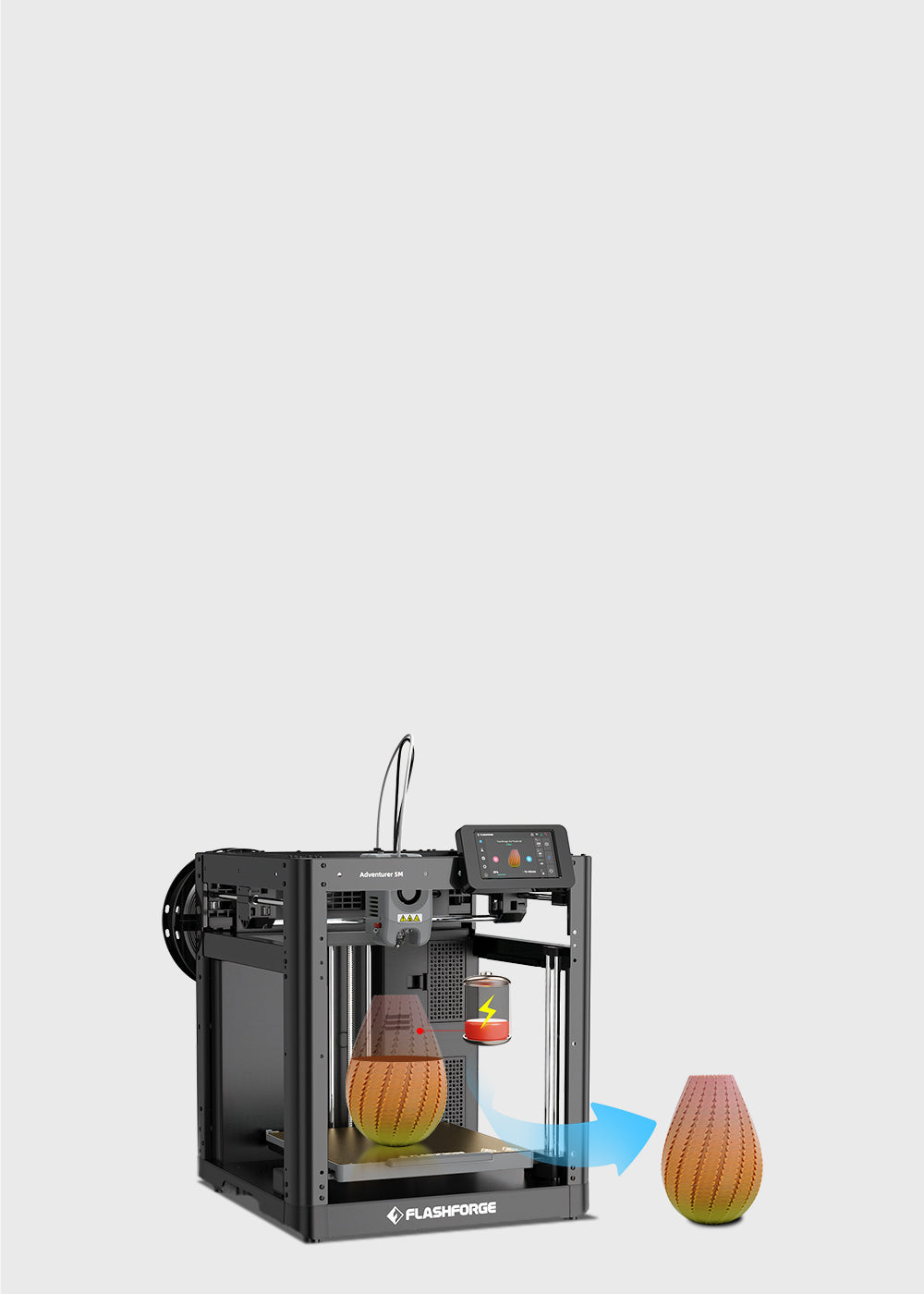 Flashforge AD5M 3D printer with power-loss recovery feature for uninterrupted printing.