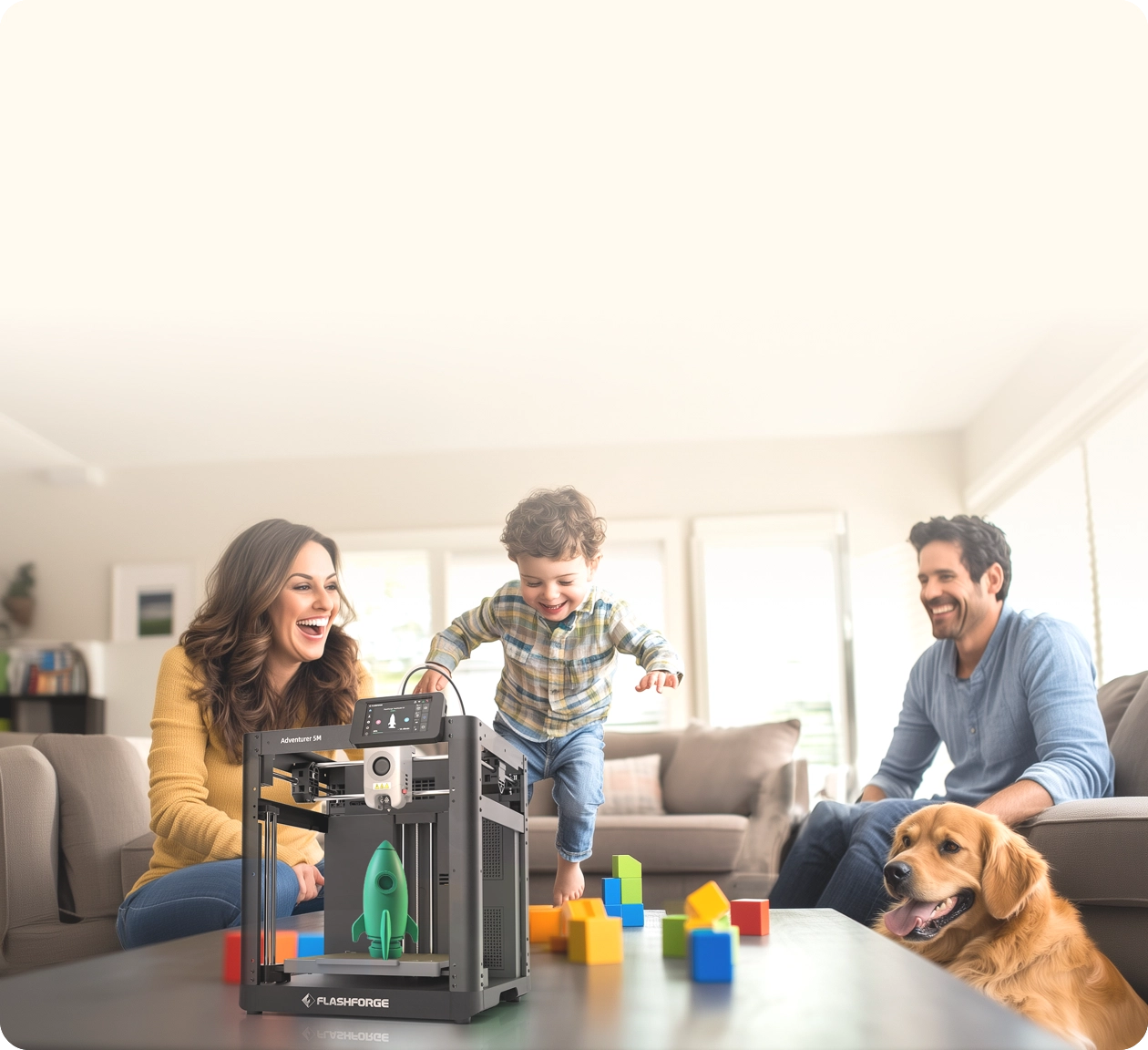 Flashforge 3D Printer CA Family with a dog and AD5M Web