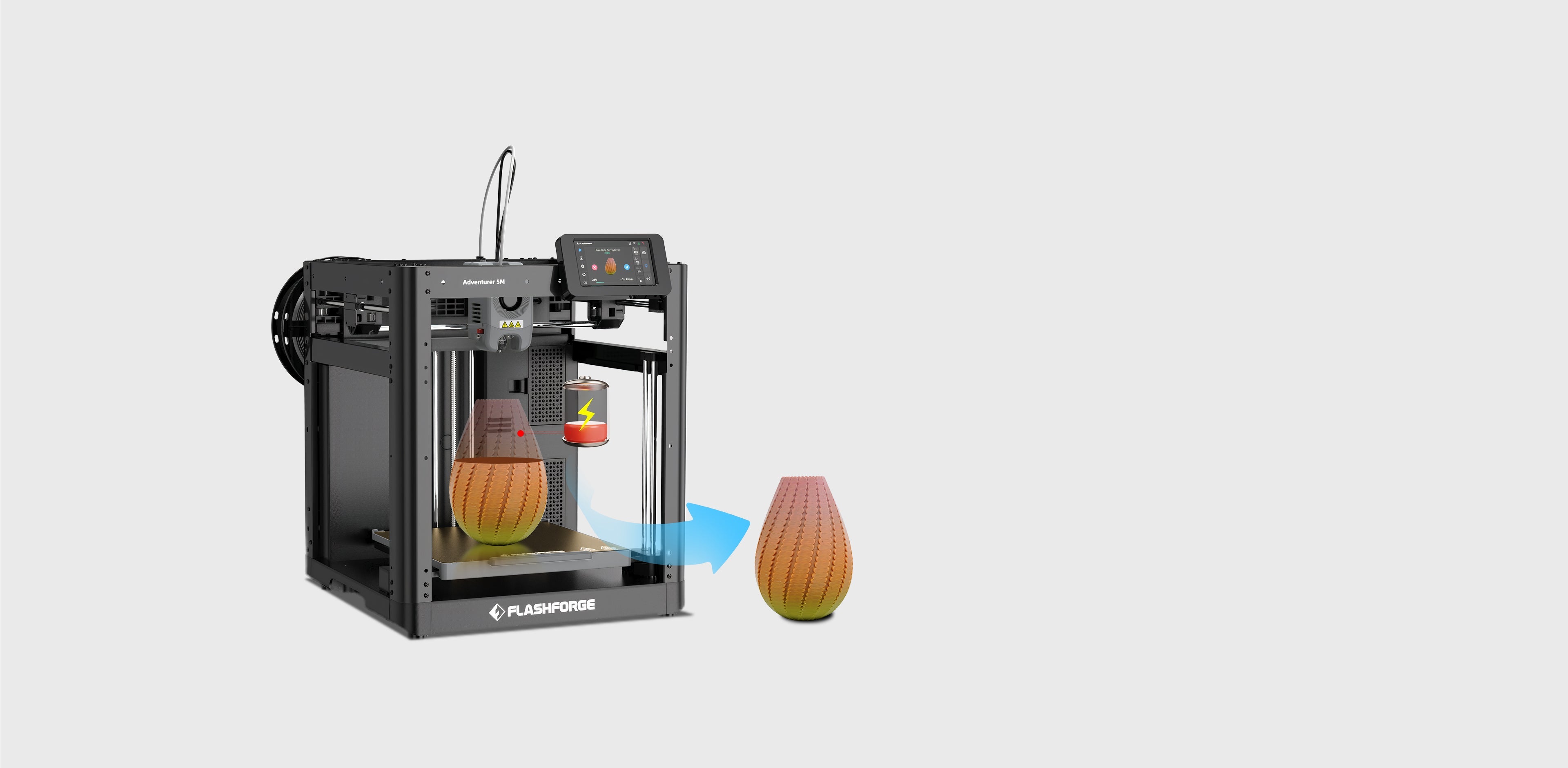 Flashforge AD5M 3D printer with power-loss recovery feature for uninterrupted printing.