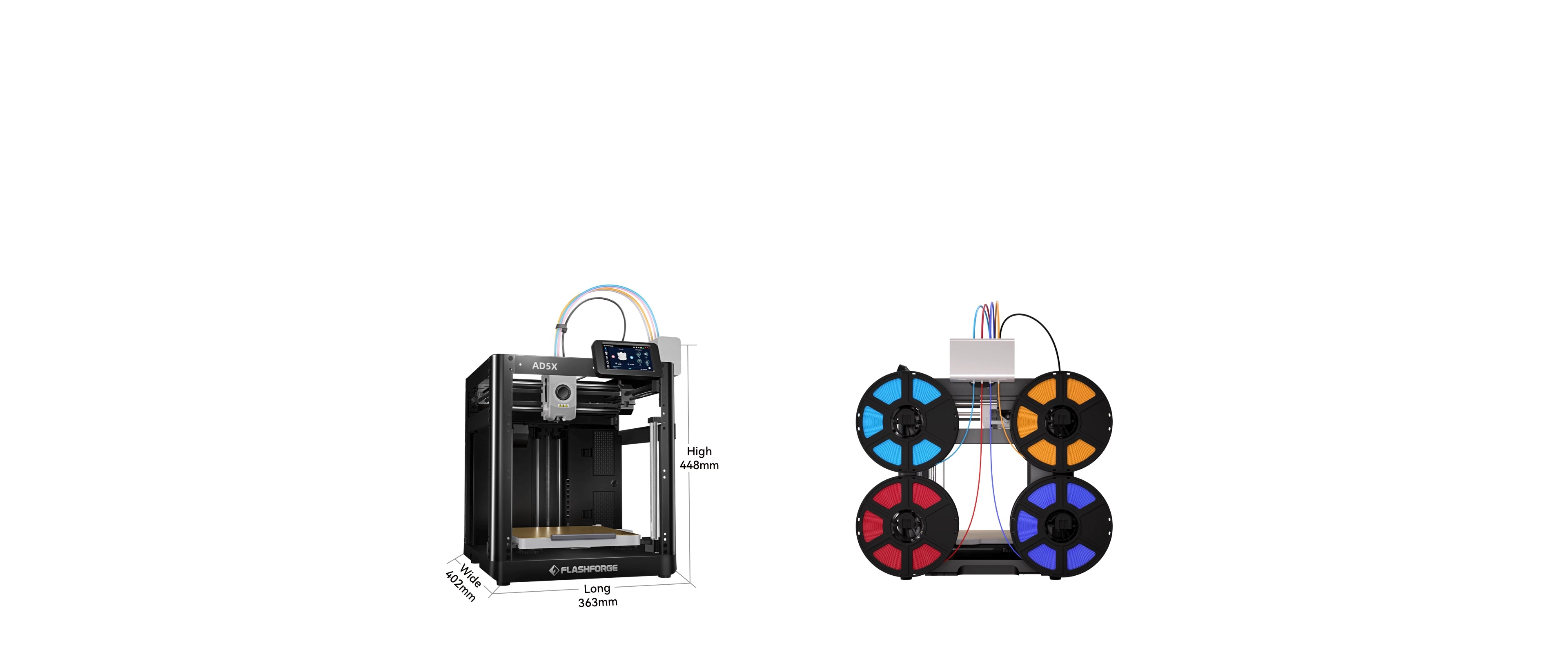 Flashforge AD5X features compact design with side-by-side filament spools for efficient space-saving