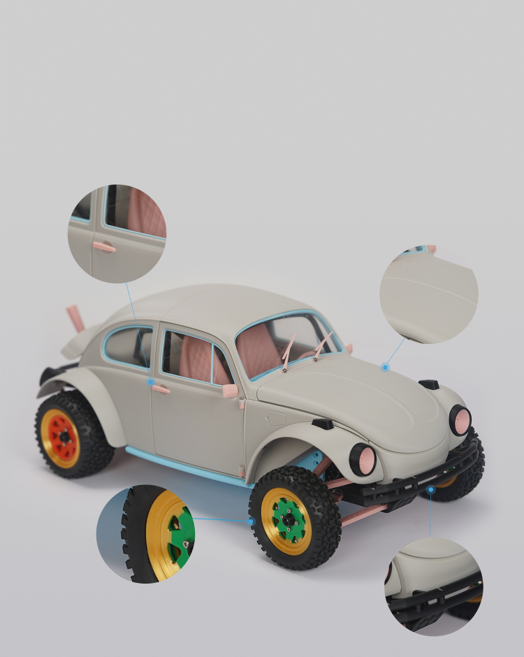 Detailed 3D-printed model car showcasing precise layer quality by Flashforge AD5MP.