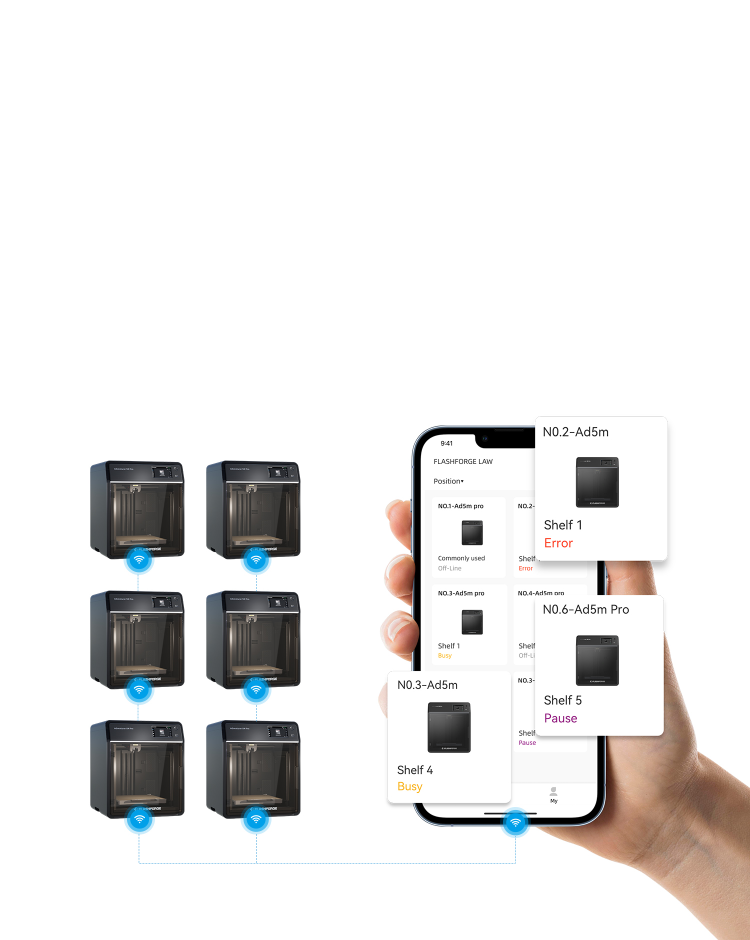 Flashforge 3D printers controlled via FlashMaker app, displaying statuses and locations