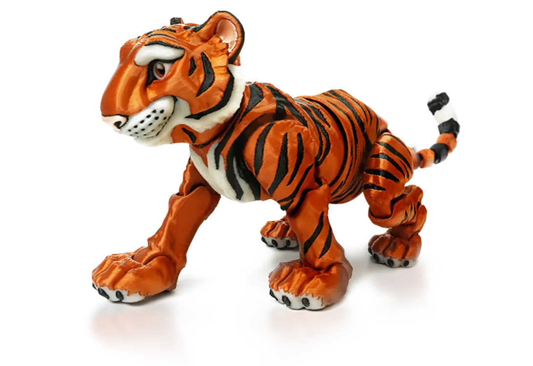 3D-printed tiger model showcasing Flashforge AD5X's power outage recovery feature with 99% success rate.